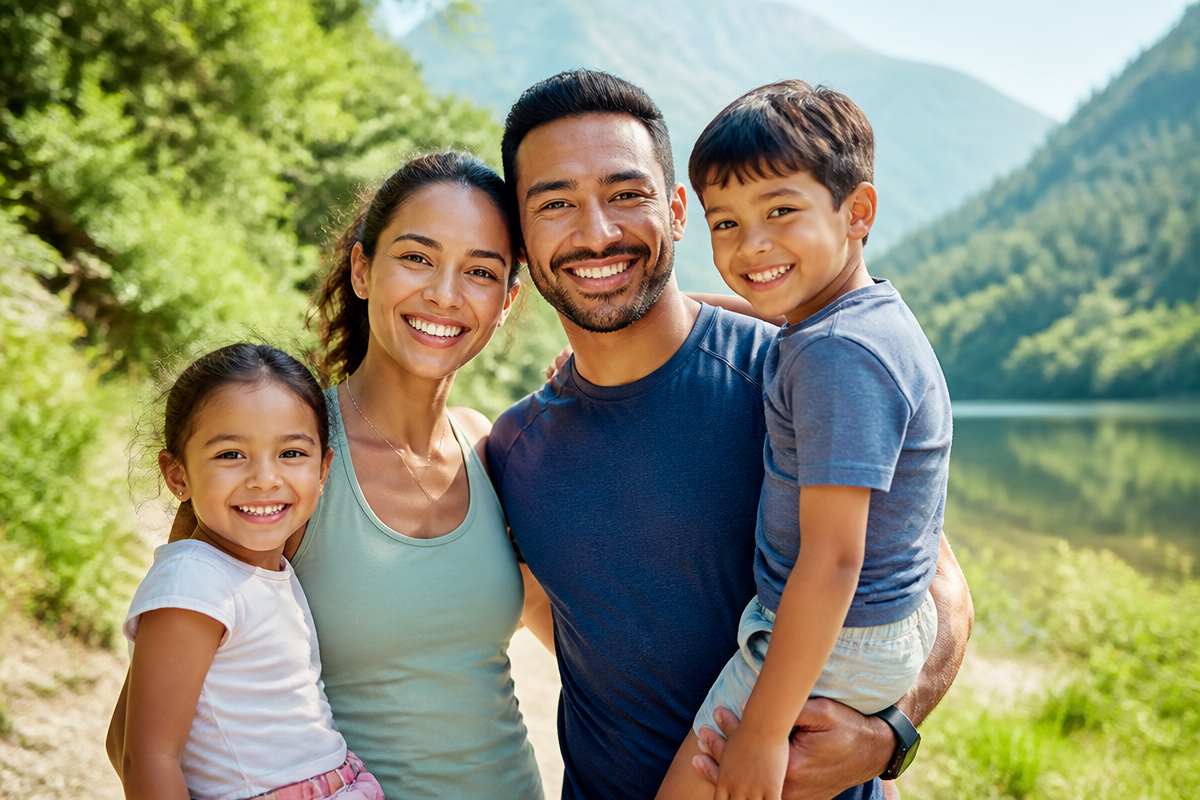 Família feliz e saudável ao ar livre, representando bem-estar com a MK Vitta Distribuidora